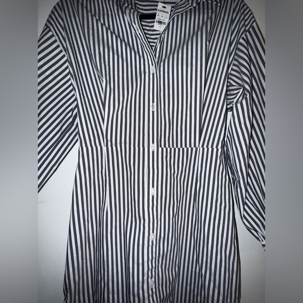 EXPRESS  Striped Fitted Poplin Long Sleeve Mini Shirt Dress SIZE: SMALL - Picture 9 of 10